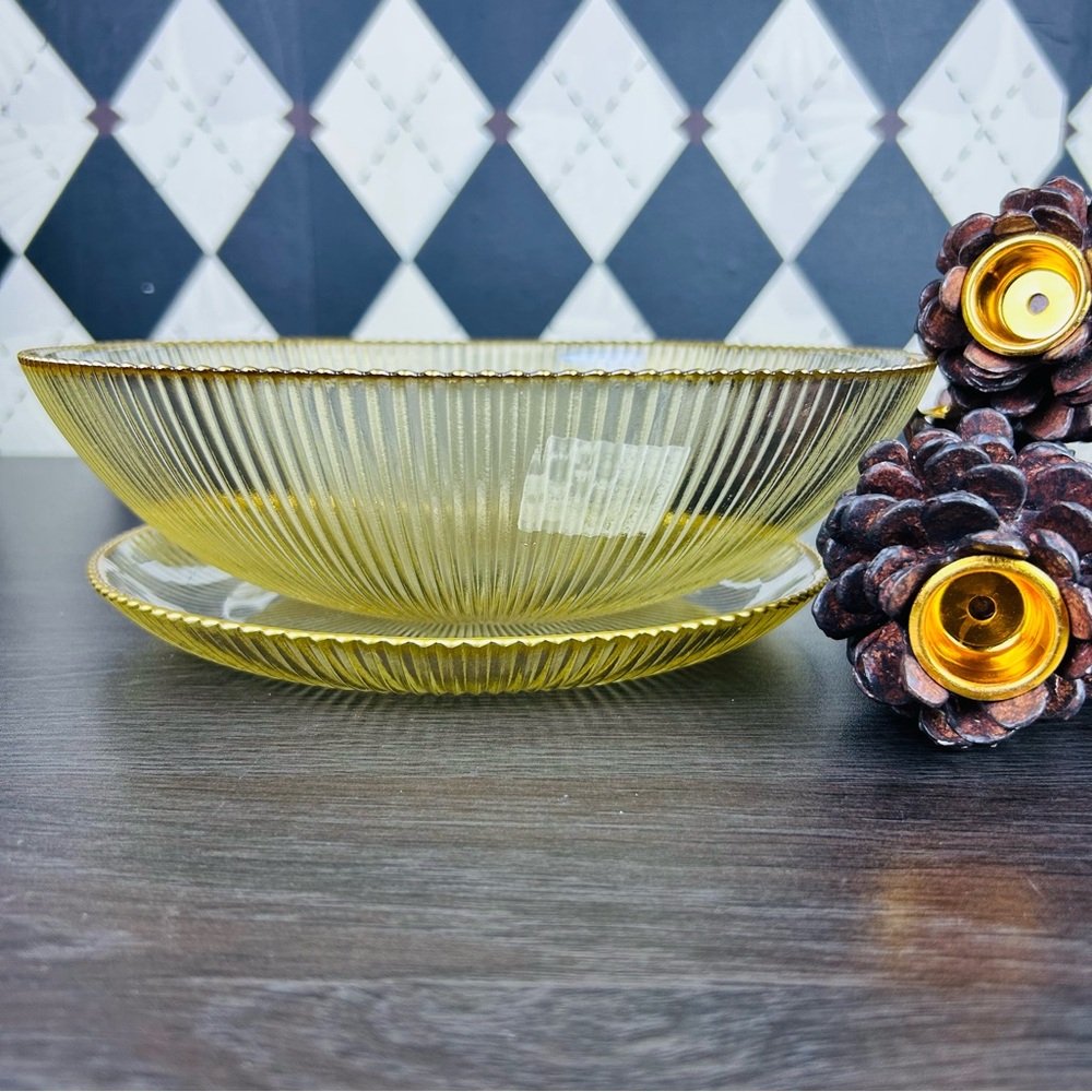 Amber Luster Ribbed Glass Bowl & Plate Set with Gold Rim Contemporary Tablescape - Picture 13 of 13
